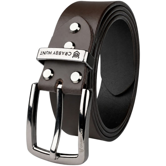 Crabby Hunt Premium Smooth Brown Genuine Leather Belt with Polished Silver Square Buckle