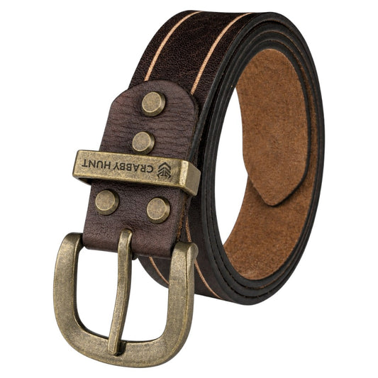 Crabby Hunt Vintage Brown Leather Belt with Beige Stripe & Antique Brass Buckle