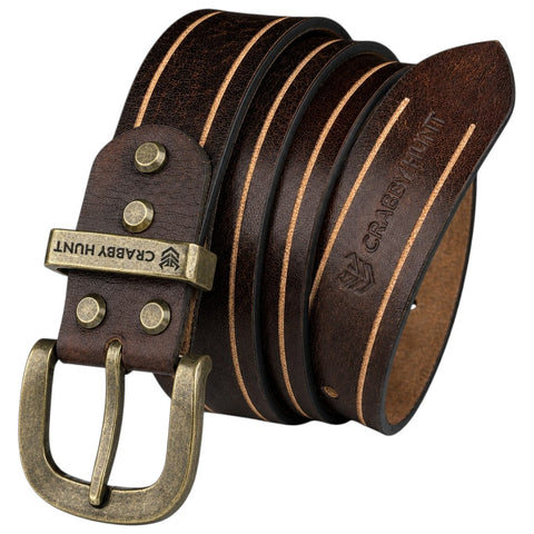 Crabby Hunt Vintage Brown Leather Belt with Beige Stripe & Antique Brass Buckle
