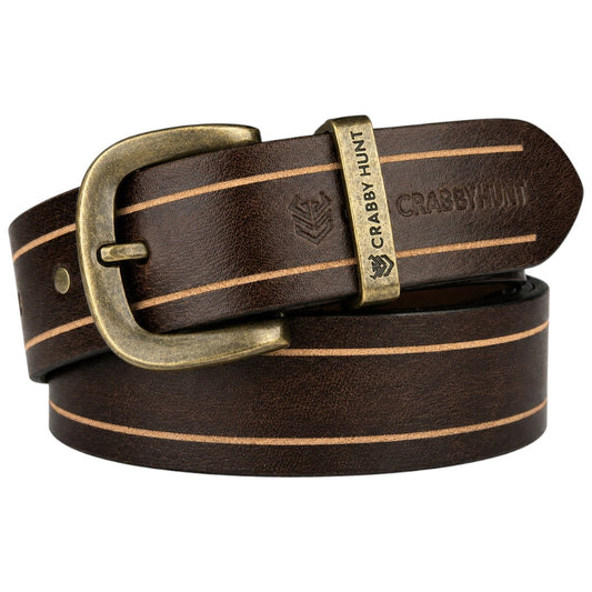 Crabby Hunt Vintage Brown Leather Belt with Beige Stripe & Antique Brass Buckle