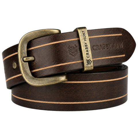 Crabby Hunt Vintage Brown Leather Belt with Beige Stripe & Antique Brass Buckle