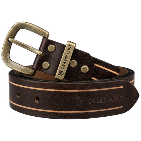 Crabby Hunt Vintage Brown Leather Belt with Beige Stripe & Antique Brass Buckle