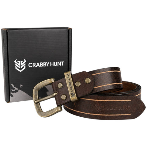 Crabby Hunt Vintage Brown Leather Belt with Beige Stripe & Antique Brass Buckle