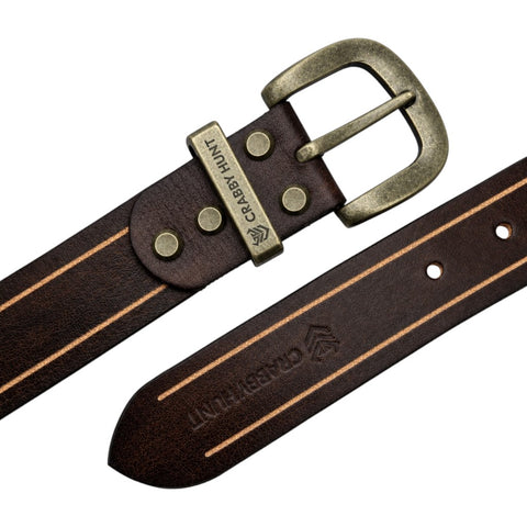 Crabby Hunt Vintage Brown Leather Belt with Beige Stripe & Antique Brass Buckle