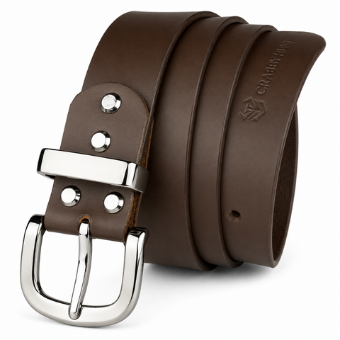 Crabby Hunt Premium Smooth Brown Leather Belt with Gunmetal Round Buckle & High-Shine Metal