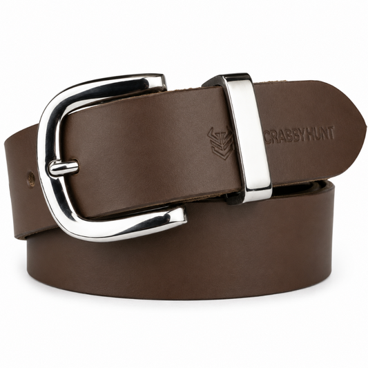 Crabby Hunt Premium Smooth Brown Leather Belt with Gunmetal Round Buckle & High-Shine Metal