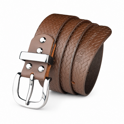 CRABBY HUNT Textured Genuine Leather Belt for Men | Premium Woven Pattern Casual Belt with Metal Pin Buckle – Brown