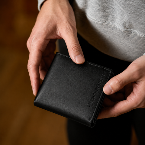 CRABBY HUNT Genuine Leather Tri-Fold Wallet for Men | Wallet with ID Window, Coin Pocket & Card Slots – Black