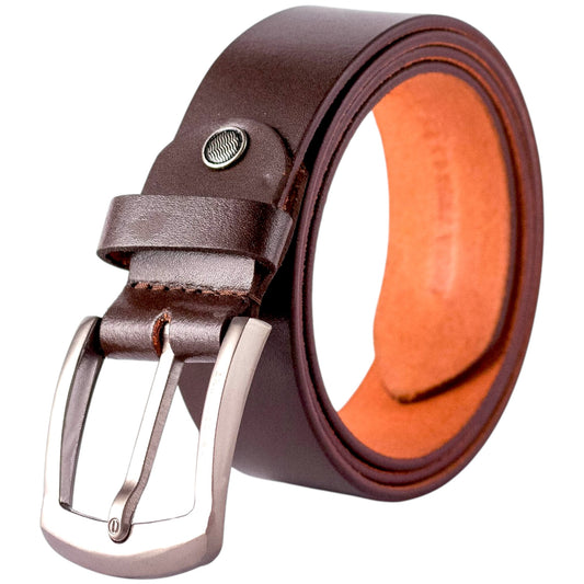 Genuine Brown Leather Belt with Silver Metal Buckle