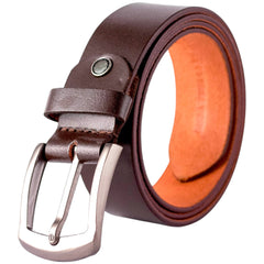 Genuine Brown Leather Belt with Silver Metal Buckle