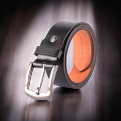 Genuine Classic Black Leather Belt with Stylish Metal Buckle