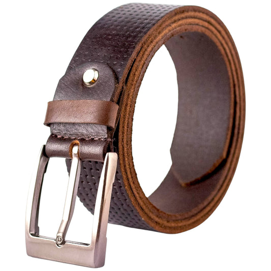 Genuine Textured Brown Leather Belt with Brushed Silver Buckle