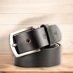 Genuine Classic Black Leather Belt with Stylish Metal Buckle