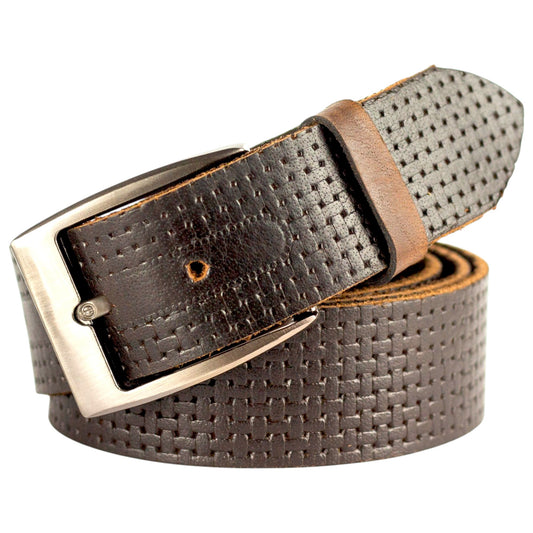 Genuine Textured Brown Leather Belt with Brushed Silver Buckle