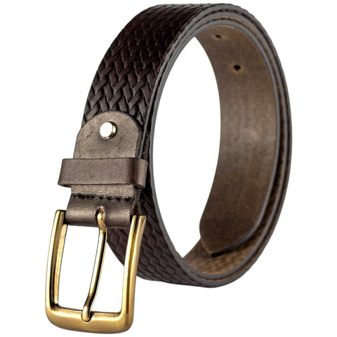 Crabby Hunt Brown Woven Pattern Leather Belt for Men – Genuine Leather, Elegant Texture, Stylish & Long-Lasting