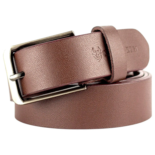 Genuine Classic Brown Leather Belt with Silver Metal Buckle
