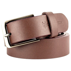 Genuine Classic Brown Leather Belt with Silver Metal Buckle
