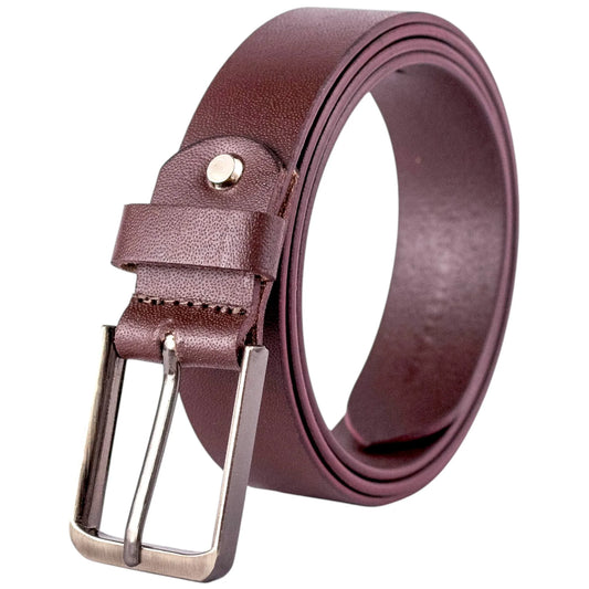 Genuine Classic Brown Leather Belt with Silver Metal Buckle