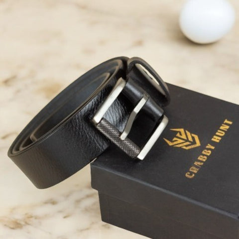 Genuine Black Leather Belt with Roller Metal Buckle