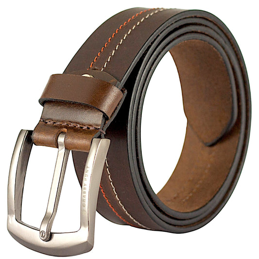 Genuine Brown Leather Belt with Stitching for Mens