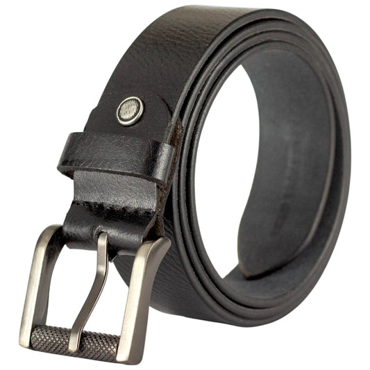Genuine Black Leather Belt with Roller Metal Buckle