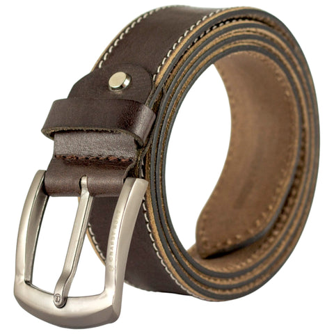 Genuine Brown Leather Belt with Metal Buckle