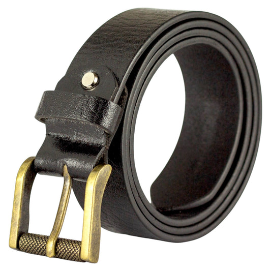 Genuine Black Leather Belt with Golden Metal Buckle