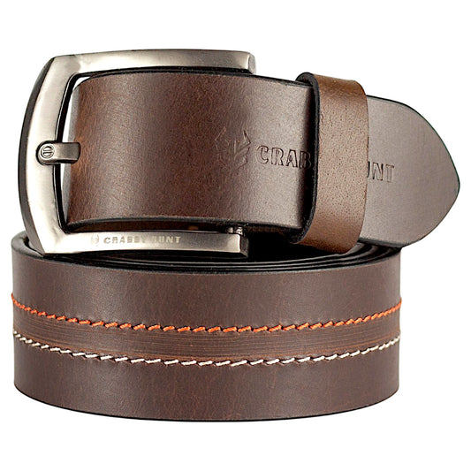 Genuine Brown Leather Belt with Stitching for Mens