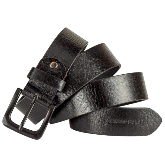 Genuine Black Leather Belt with Black Metal Buckle