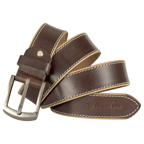 Genuine Brown Leather Belt with Metal Buckle