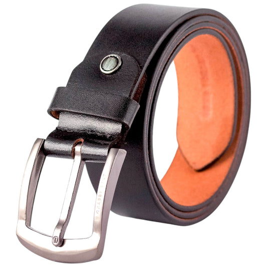 Genuine Classic Black Leather Belt with Stylish Metal Buckle