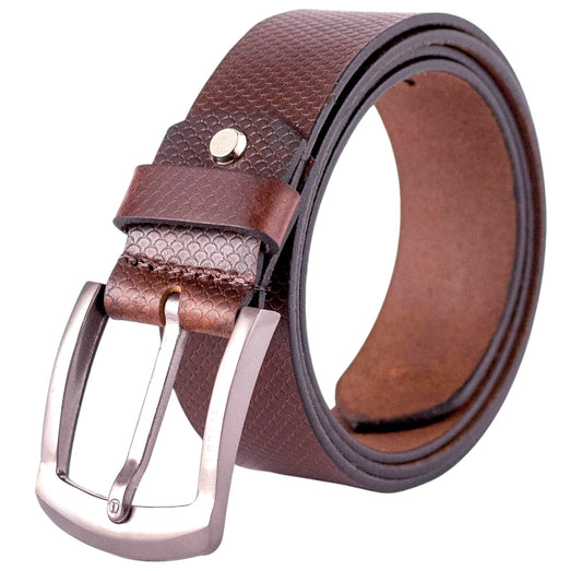 Genuine Textured Brown Leather Belt with Metal Buckle