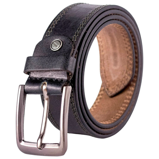 Genuine Classic Black Leather Belt with Brushed Metal Buckle