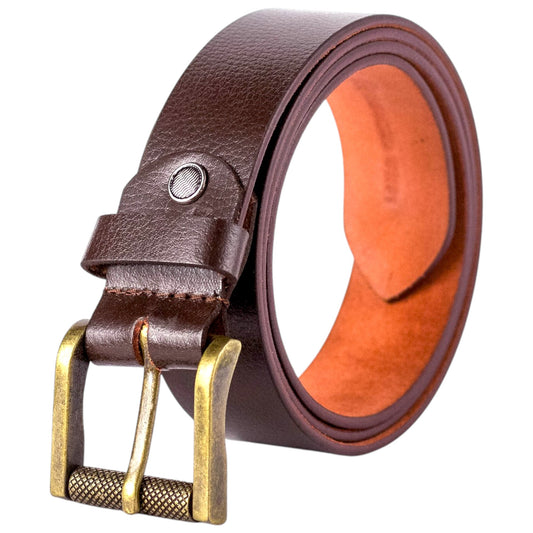 Genuine Classic Brown Leather Belt with Golden Brass Metal Buckle