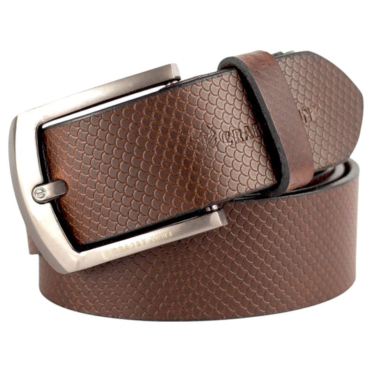 Genuine Textured Brown Leather Belt with Metal Buckle