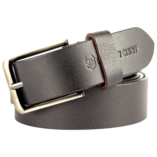 Genuine Black Leather Belt with Brushed Antique Metal Buckle