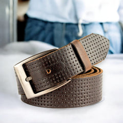 Genuine Textured Brown Leather Belt with Brushed Silver Buckle