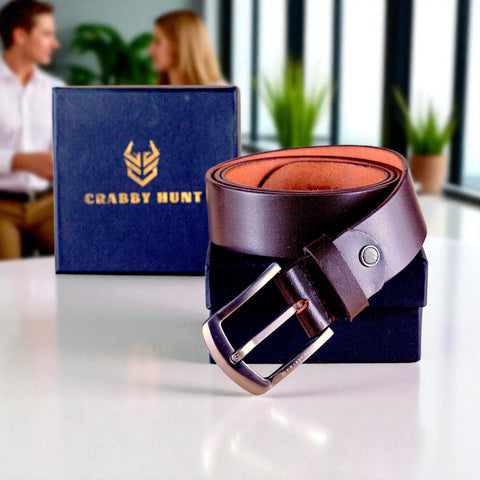 Crabby Hunt Brown Leather Belt – Silver Metal Buckle Edition