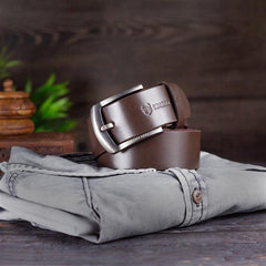 Genuine Brown Leather Belt with Silver Metal Buckle