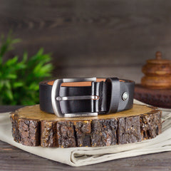 Genuine Classic Black Leather Belt with Stylish Metal Buckle