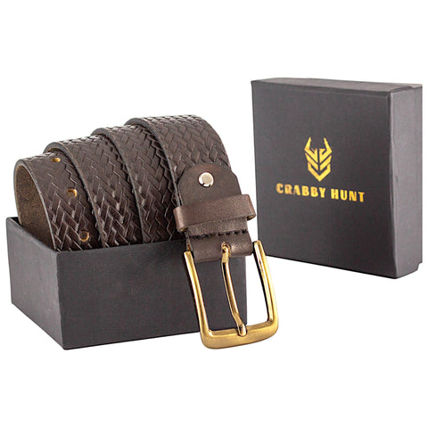 Crabby Hunt Brown Woven Pattern Leather Belt for Men – Genuine Leather, Elegant Texture, Stylish & Long-Lasting