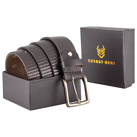 Crabby Hunt Textured Black Leather Belt for Men – Stylish Pattern, Genuine Craftsmanship, Rugged & Elegant