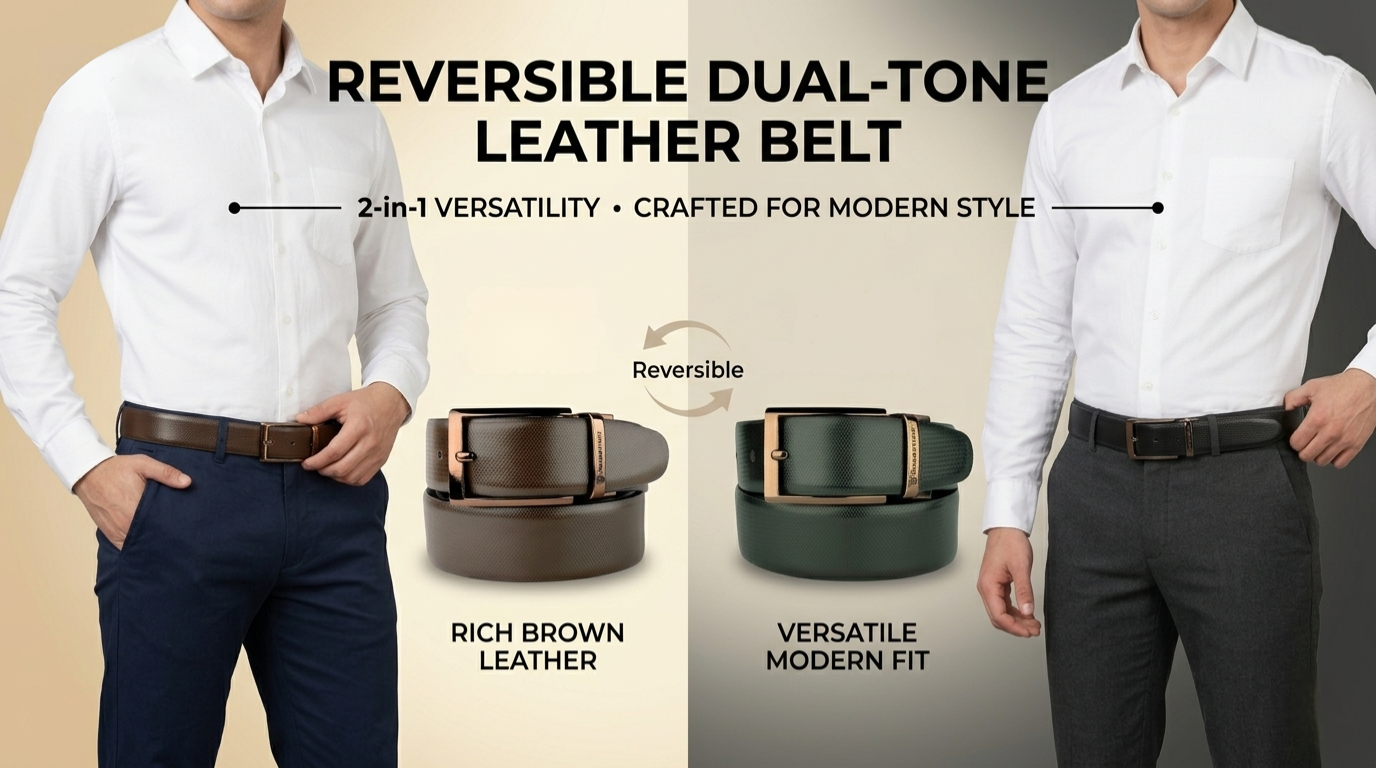 Crabby Hunt Reversible Leather Belt for Men – Dual-Tone Finish with Premium Metal Buckle