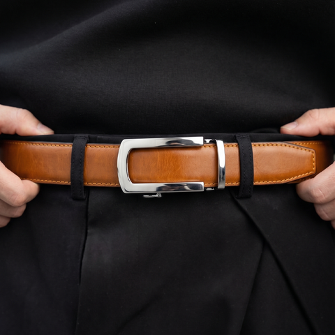 Tan Tiger Genuine Leather Auto Lock Belt | Silver Buckle | Crabby Hunt