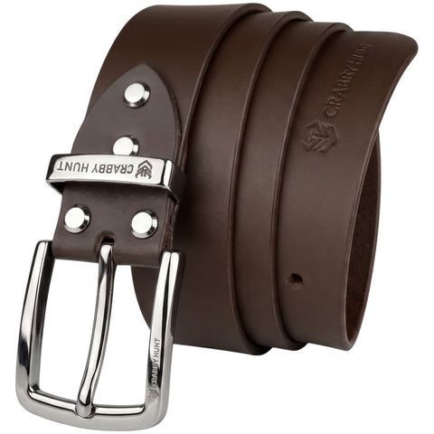 Crabby Hunt Premium Smooth Brown Genuine Leather Belt with Polished Silver Square Buckle