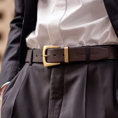 Crabby Hunt Premium Brown Leather Belt with Square Grid Texture & Golden Buckle | Formal & Casual Men's Belt