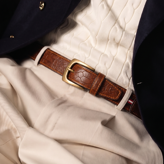 Men’s Tan Croco Embossed Genuine Leather Belt – Antique Brass Pin Buckle, Premium Formal & Casual Belt