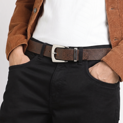 Crabby Hunt Men's Genuine Leather Casual Oil Pull-Up Belt with Silver Buckle