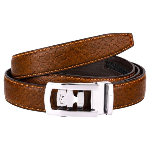 Crabby Hunt Men's Genuine Leather Auto Lock Belt – Tan Tiger | Silver Auto Lock Buckle | 35mm Formal Belt