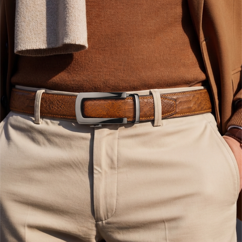 Crabby Hunt Men's Genuine Leather Auto Lock Belt – Brown Python Texture | Gunmetal Ratchet Buckle